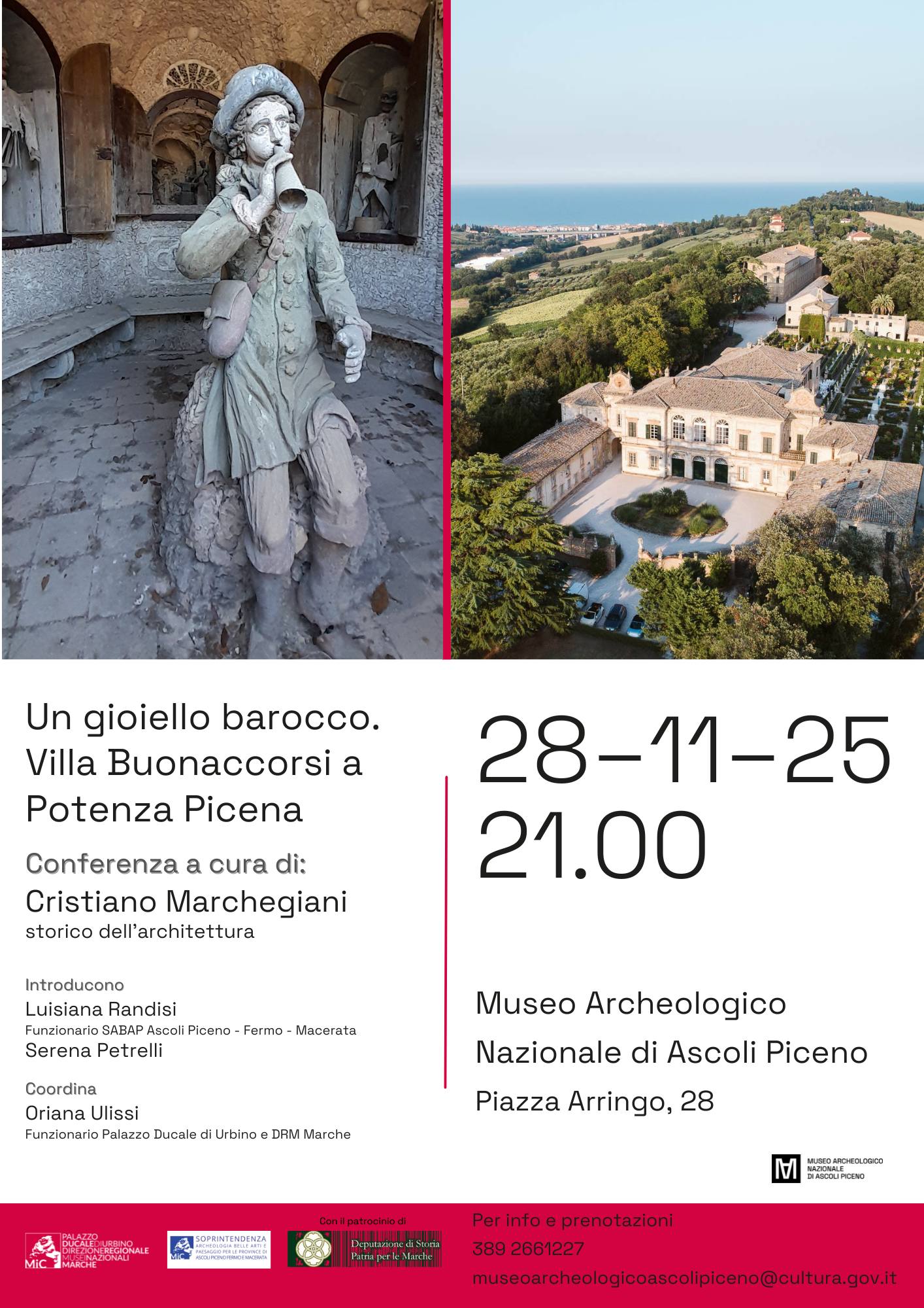 “Un gioiello barocco. Villa Buonaccorsi a Potenza Picena”, venerdì 28 novembre 2025 alle ore 21.00 al Museo Archeologico Nazionale di Ascoli Piceno