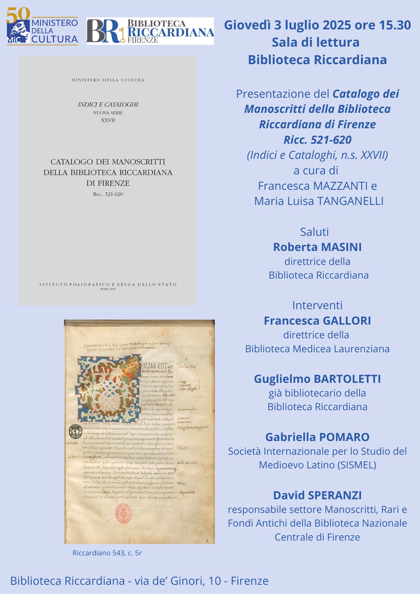 Presentazione del Catalogo dei manoscritti riccardiani (Ricc.521-620)
