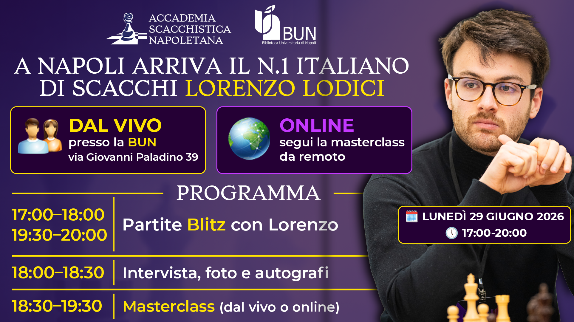 Incontro e Masterclass di scacchi con il Grande Maestro Lorenzo Lodici, numero uno del ranking italiano