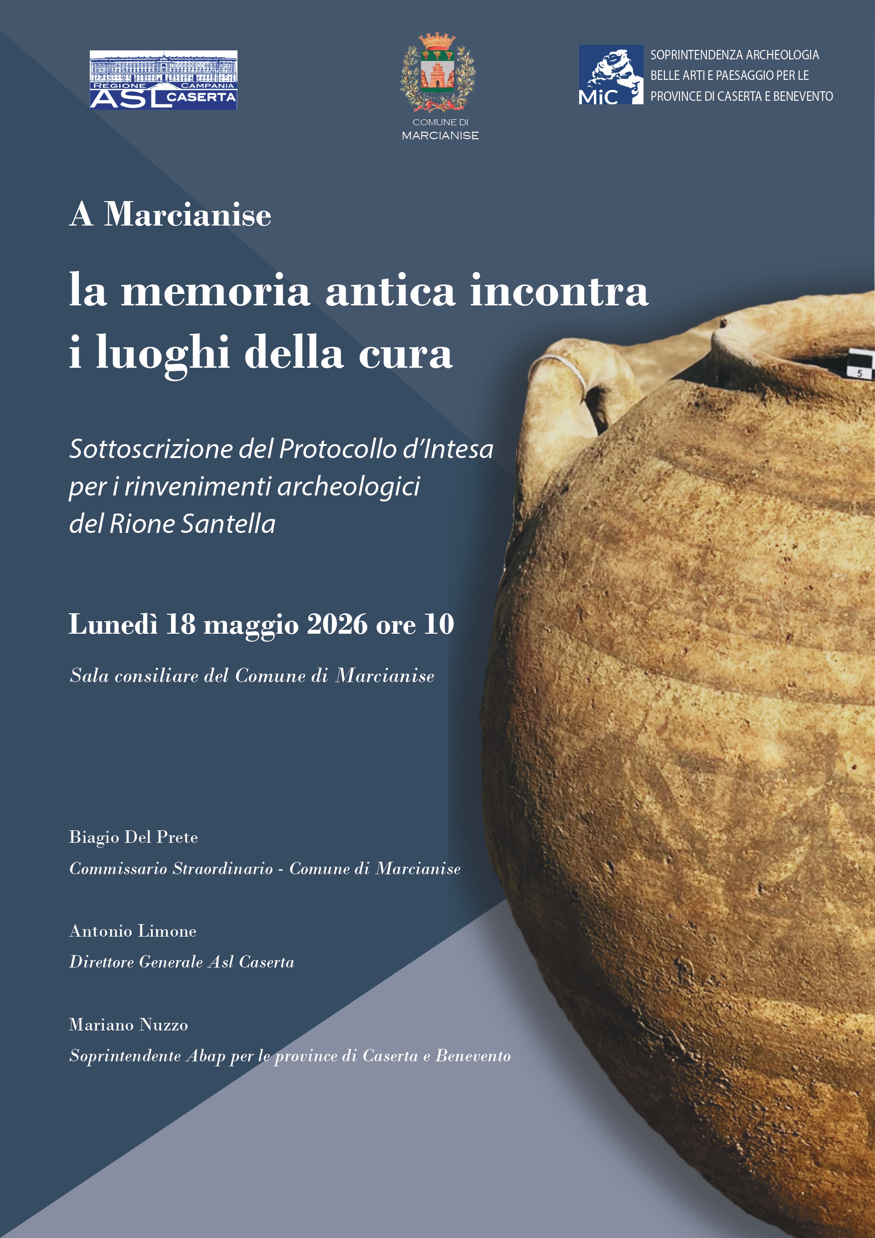 A Marcianise la memoria antica incontra i luoghi della cura. Lunedì 18 maggio presentazione del protocollo d’intesa per tutelare e valorizzare i reperti archeologici nell’area del nuovo presidio sanitario