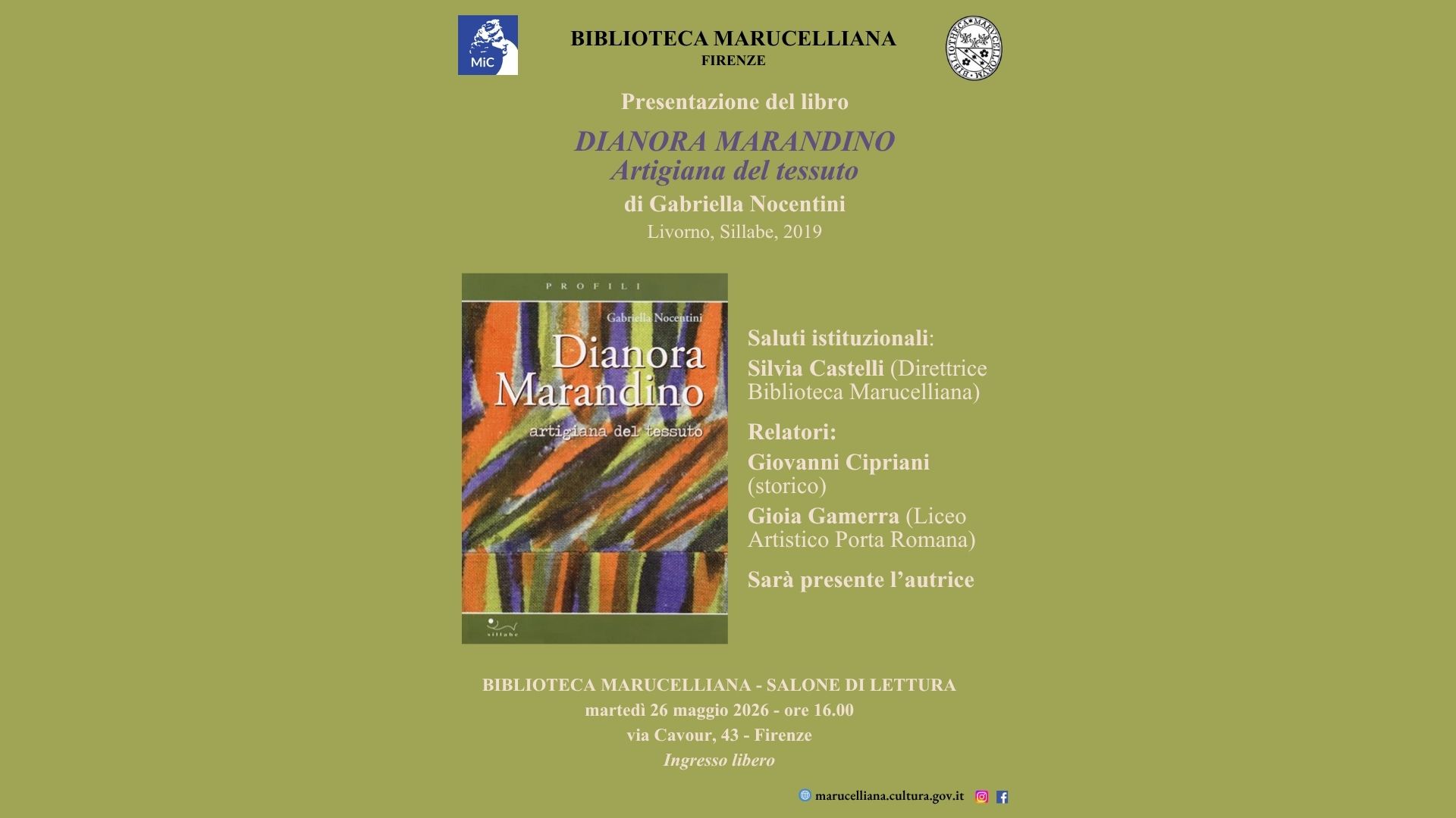 Presentazione del libro DIANORA MARANDINO: artigiana del tessuto, di Gabriella Nocentini