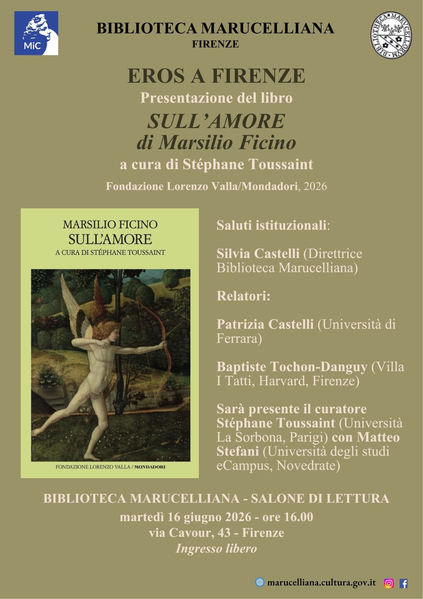 Presentazione del libro SULL'AMORE di Marsilio Ficino, a cura di Stéphane Toussaint
