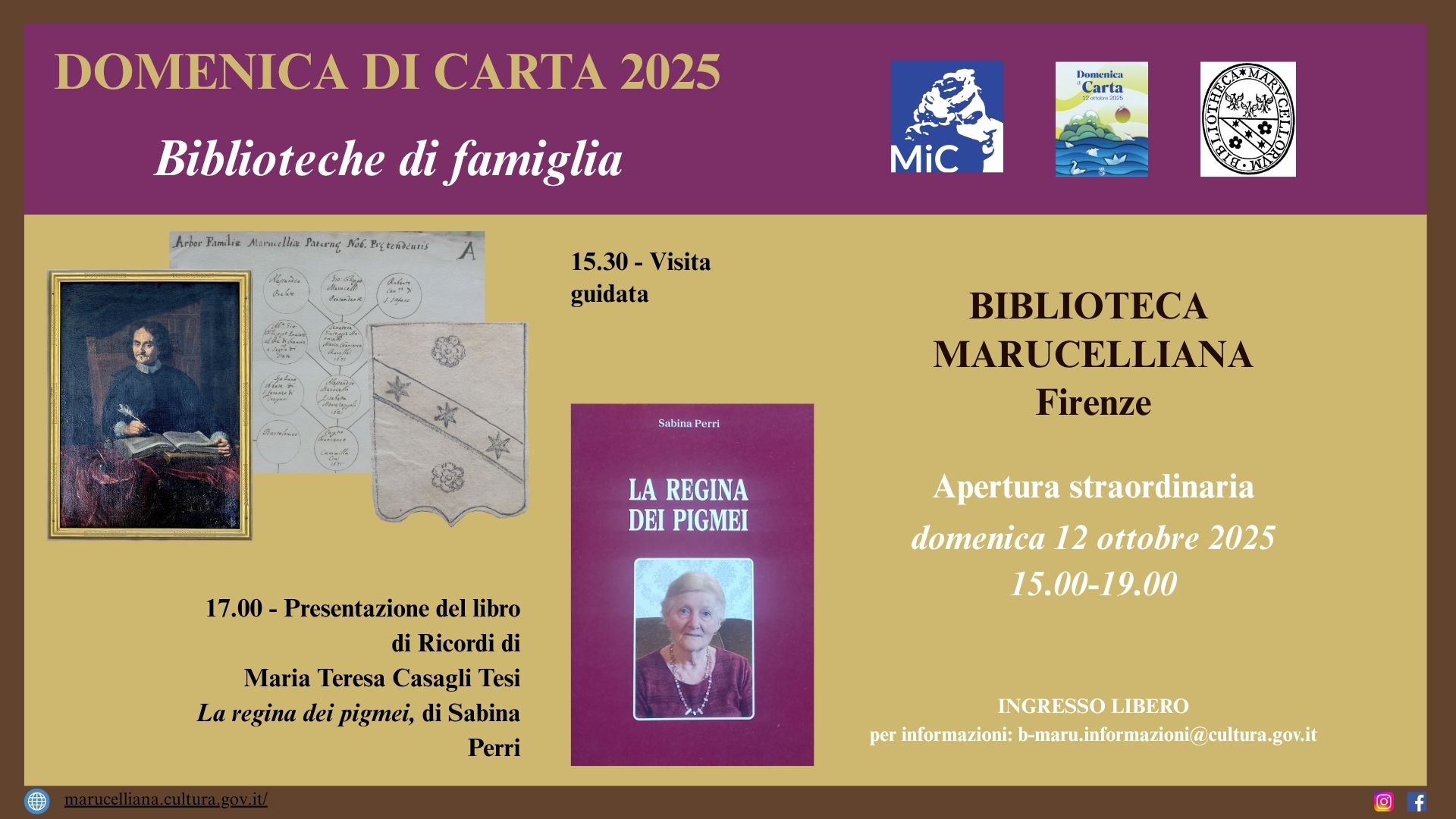 DOMENICA DI CARTA 2025 - BIBLIOTECHE E ARCHIVI DI FAMIGLIA - APERTURA STRAORDINARIA - Visita guidata e Presentazione libro "La regina dei pigmei" di Sabina Perri