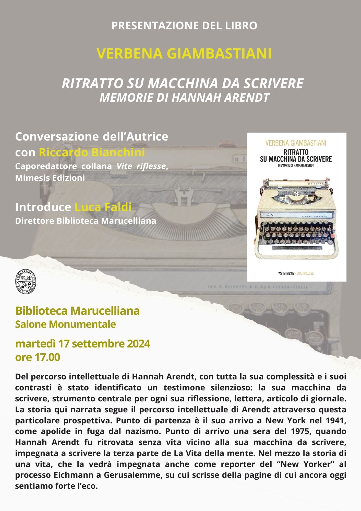 Presentazione del libro di Verbena Giambastiani RITRATTO SU MACCHINA DA SCRIVERE: Memorie di Hannah Arendt