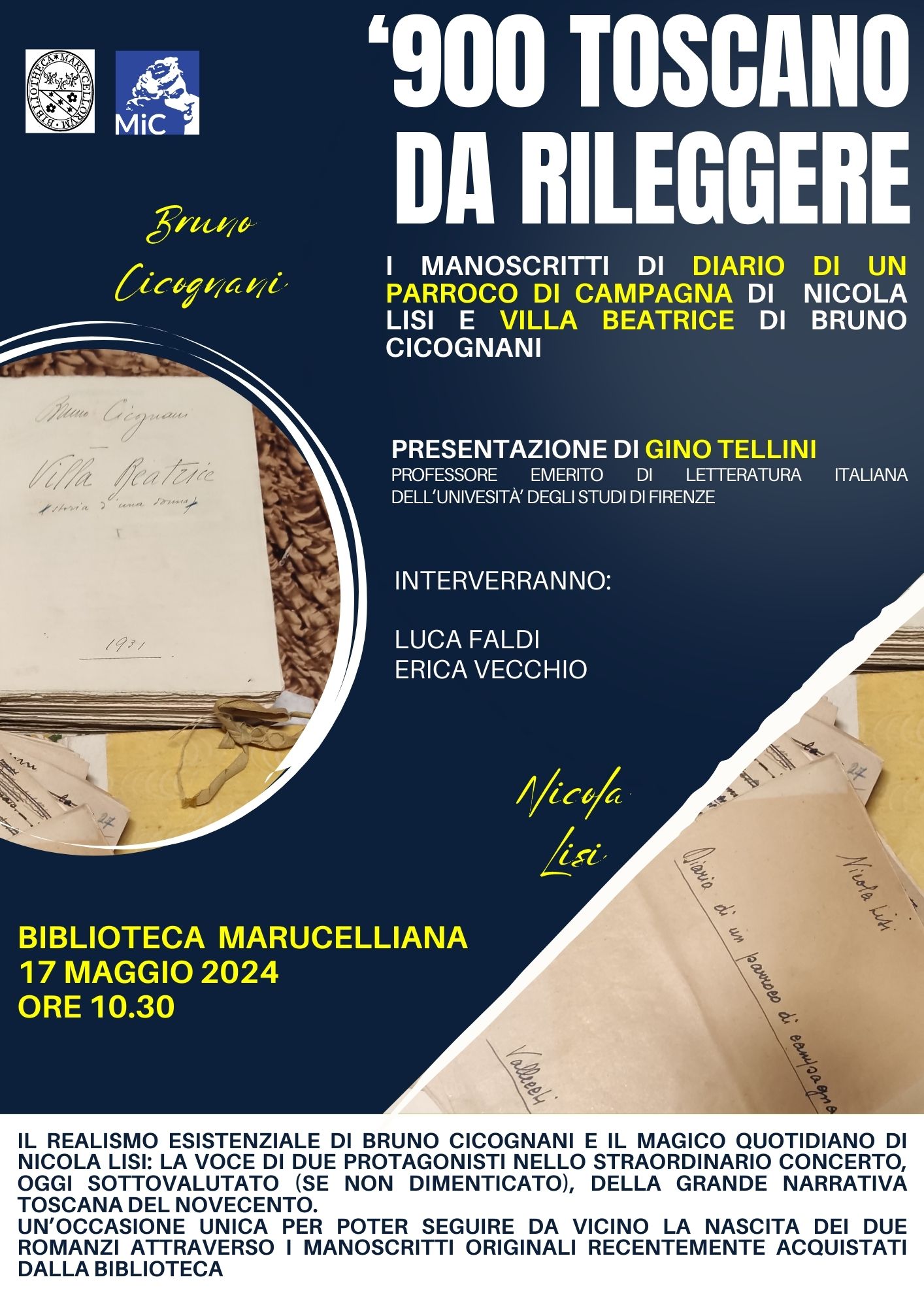 ‘900 TOSCANO DA RILEGGERE: i manoscritti di DIARIO DI UN PARROCO DI CAMPAGNA di Nicola Lisi e VILLA BEATRICE di Bruno Cicognani