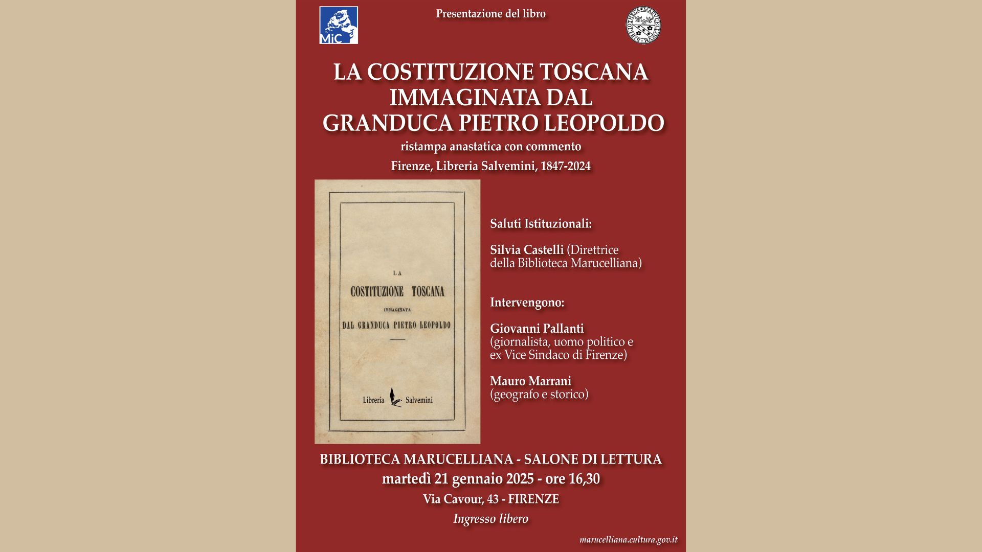 Presentazione del libro LA COSTITUZIONE TOSCANA IMMAGINATA DAL GRANDUCA PIETRO LEOPOLDO