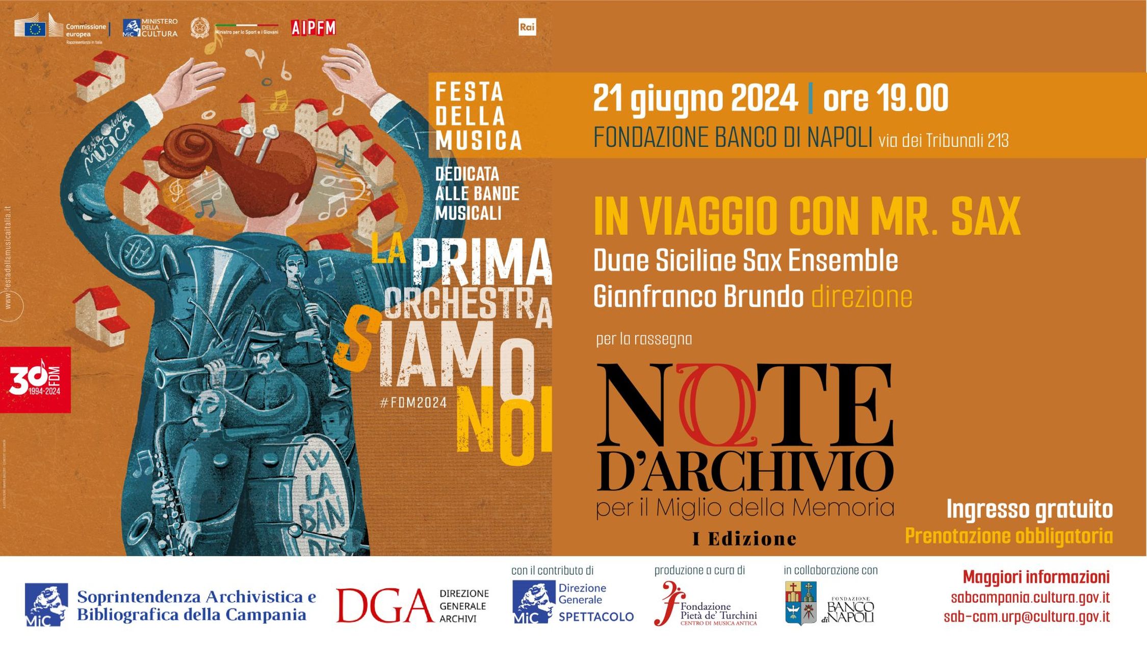 Festa della Musica 2024 - "Note d'Archivio per il Miglio della Memoria. In viaggio con Mr. Sax"