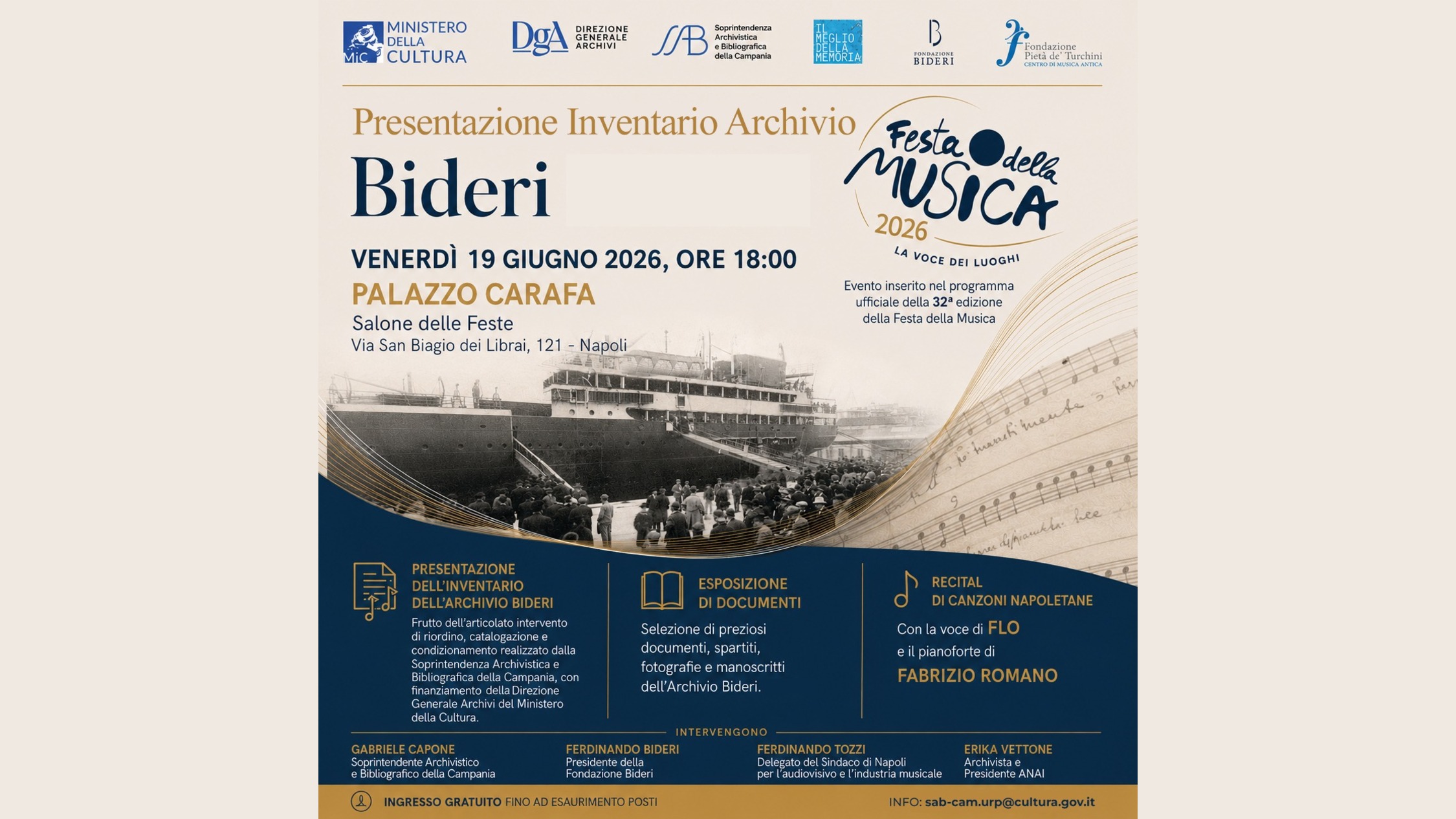Festa della Musica 2026 - “La voce dei luoghi”. Presentazione dell’Inventario Archivio Bideri. Concerto per pianoforte e voce
