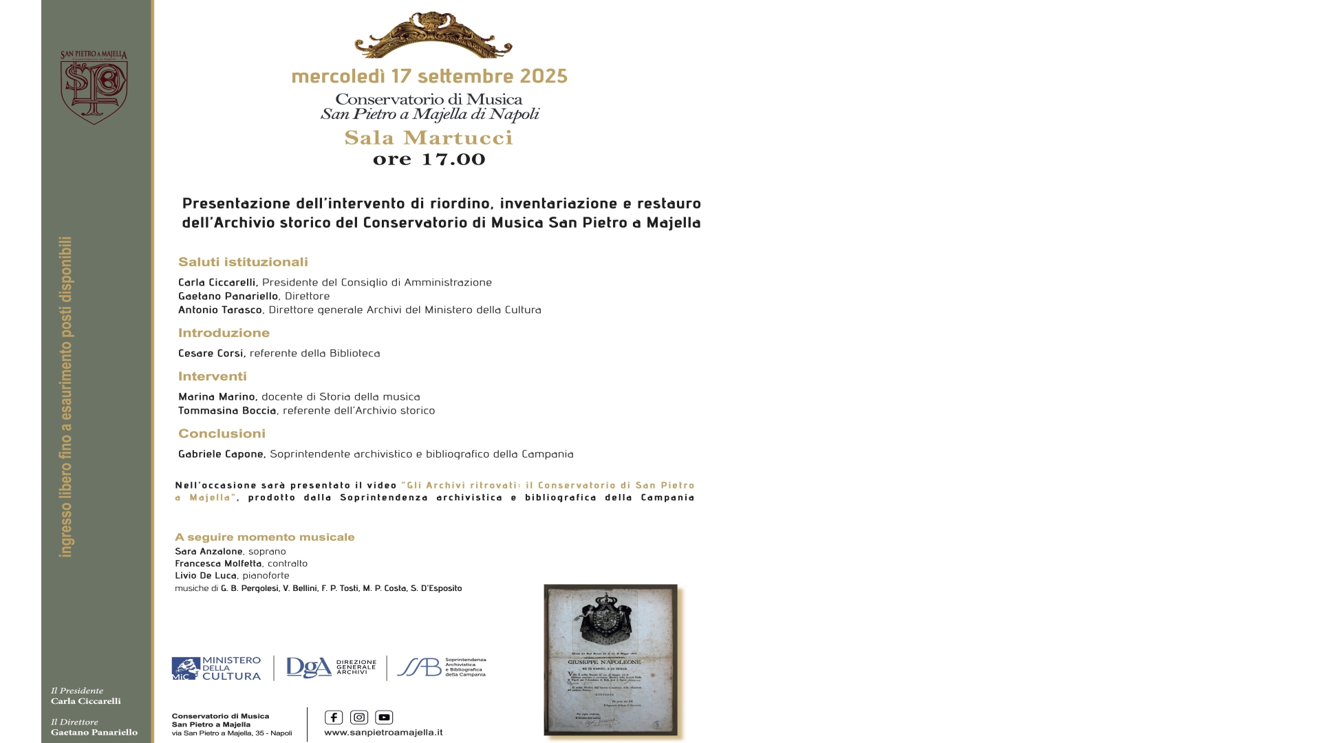Presentazione dell’intervento di riordino, inventariazione e restauro dell’Archivio storico del Conservatorio di Musica San Pietro a Majella