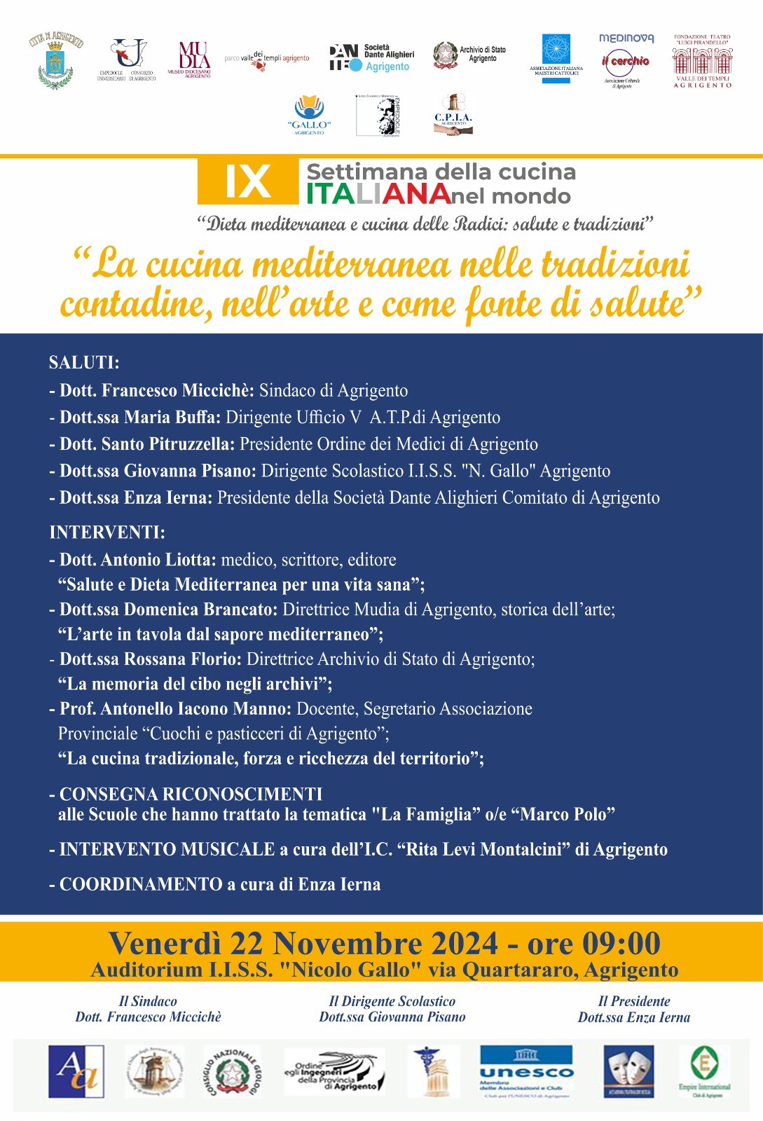 “La cucina mediterranea nelle tradizioni contadine, nell’arte e come fonte di salute” promosso dalla Società Dante Alighieri – Comitato di Agrigento
