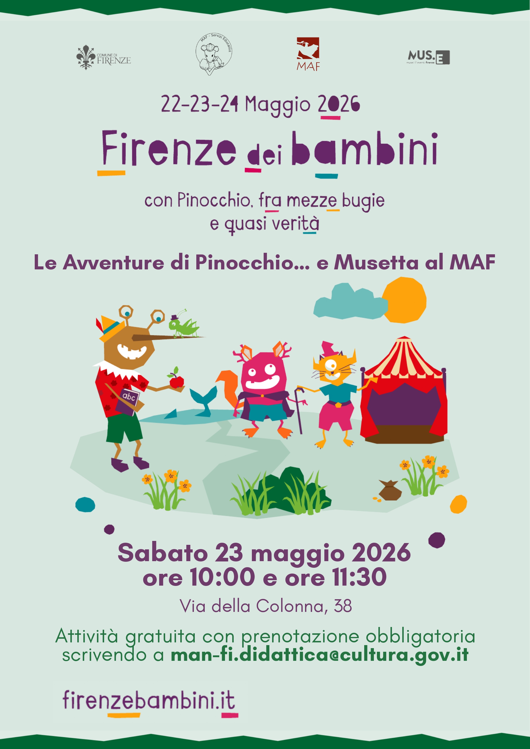 FIRENZE DEI BAMBINI 2026 "Le Avventure di Pinocchio... e Musetta al MAF. Una stravagante avventura tra bugia e verità alla scoperta del Museo Archeologico Nazionale di Firenze"