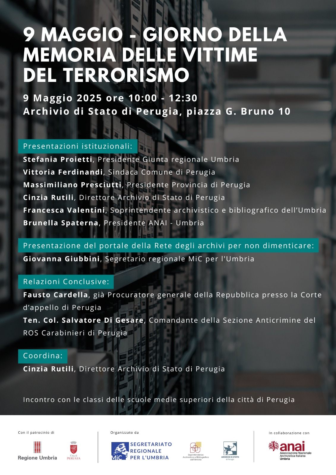 “Giorno della memoria delle vittime del terrorismo” – Incontro con gli studenti a Perugia per riflettere sulla storia e costruire il futuro